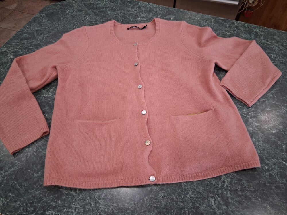 Gudrun Sjoden Cardigan 100% Wool Pink W/ Lime Pocket М Minimalist Lagenlook NWOT